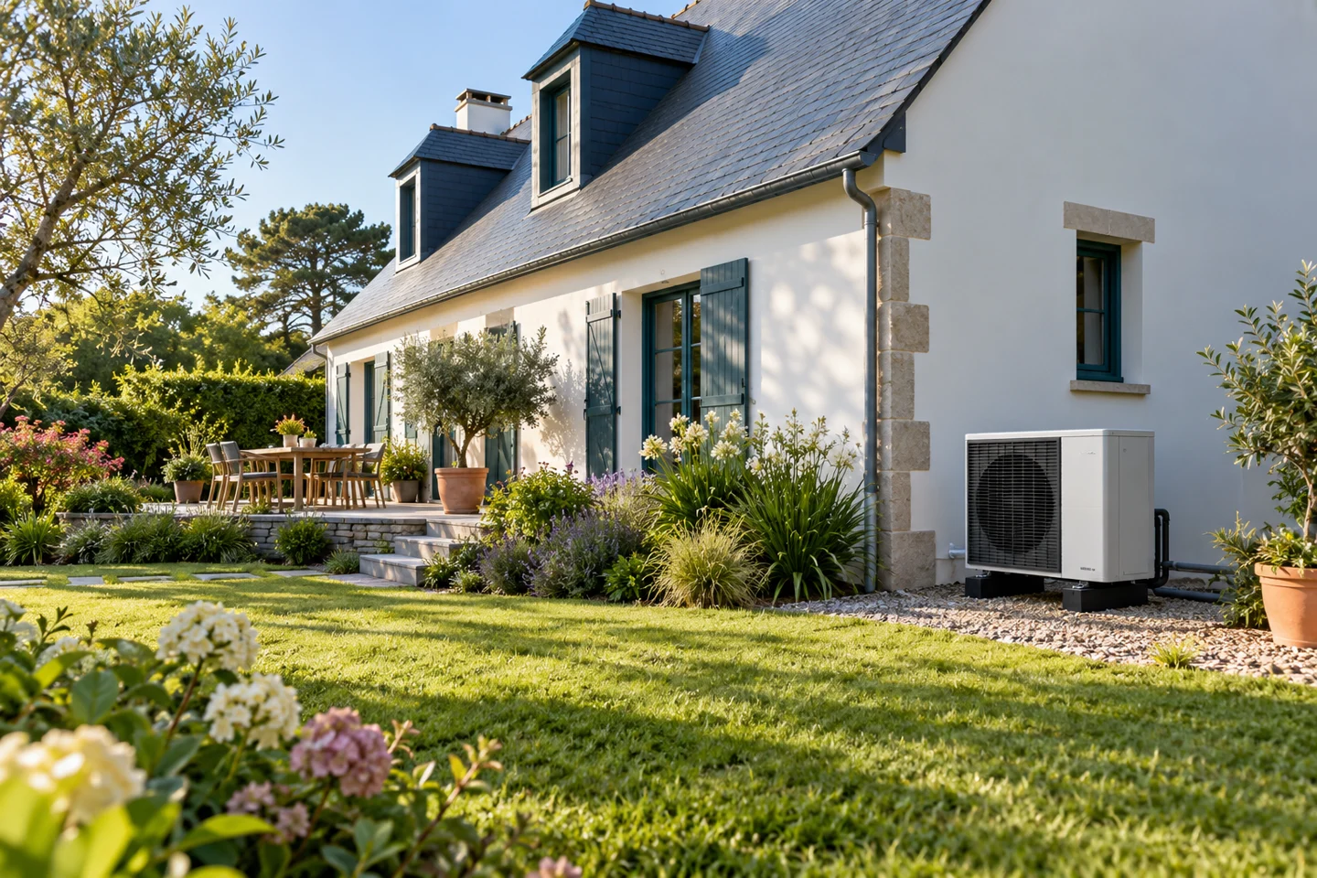 Illustration générée : maison avec pompe à chaleur air/eau.